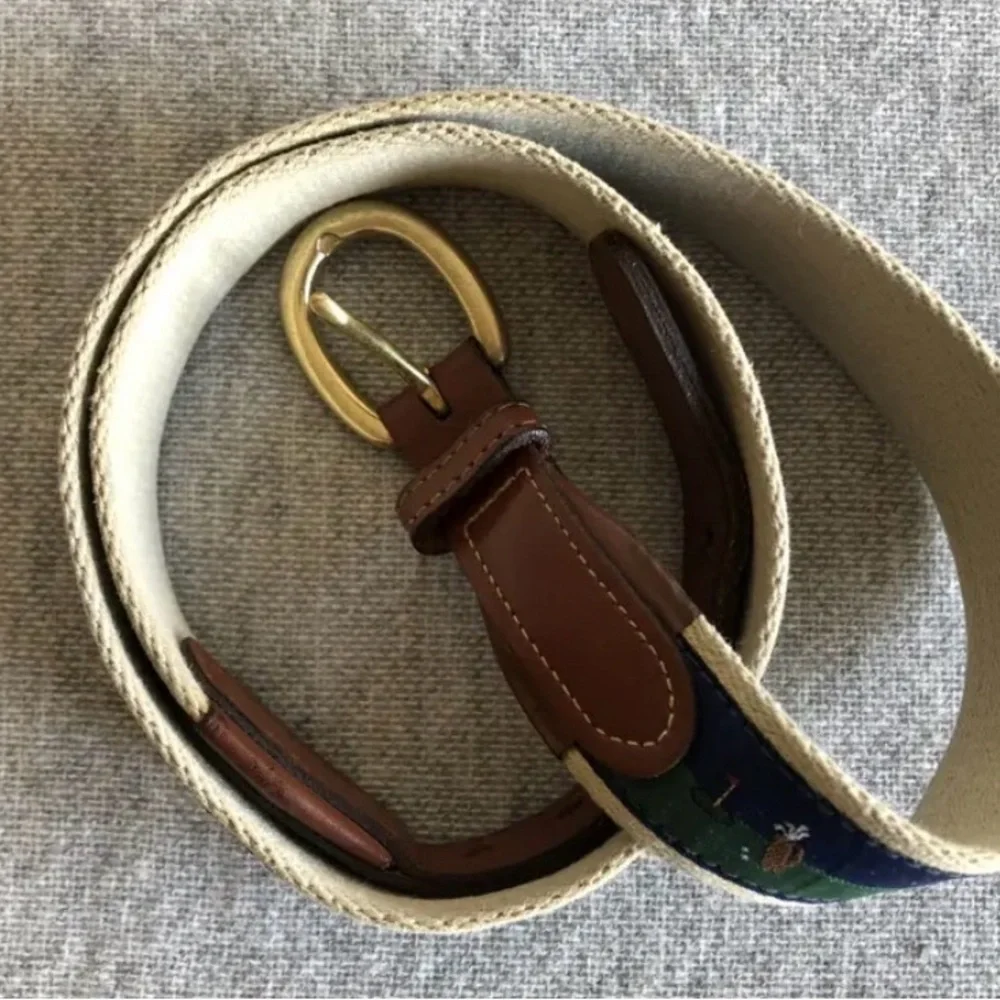 Brooks Brothers Men’s Leather Brown and Green Golf Belt with Gold Buckle (Sz40)